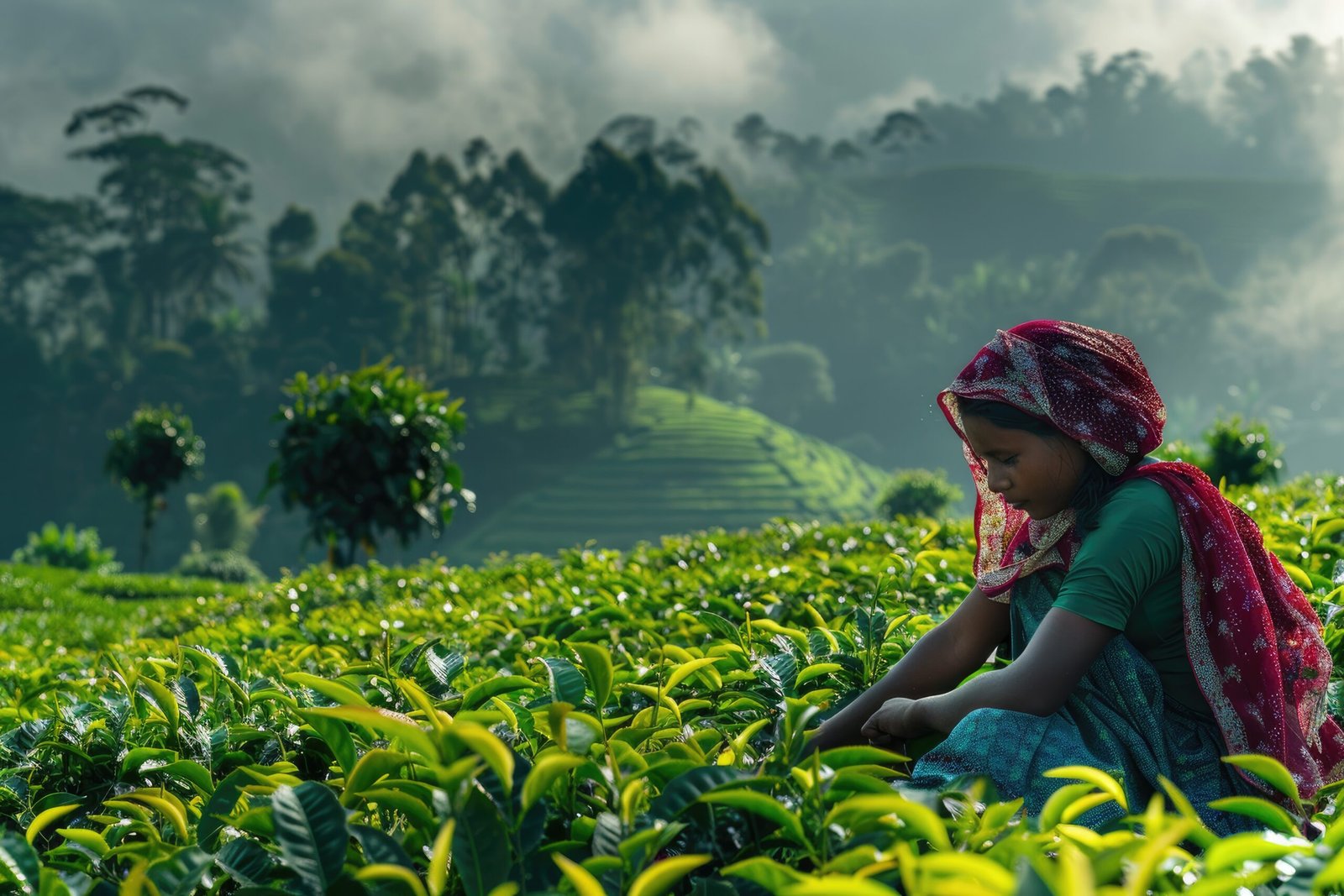Amidst the verdant tea gardens of Assam, a North Eastern girl plucks tender tea leaves, her laborious work contributing to the region's renowned tea industry. 8k, Best Quality, Masterpiece, Realistic, Super Detailed, Best Quality, Super High Resolution, Professional Lighting, ultra detailed, cinematic, Wide Angle Lens , 35 mm