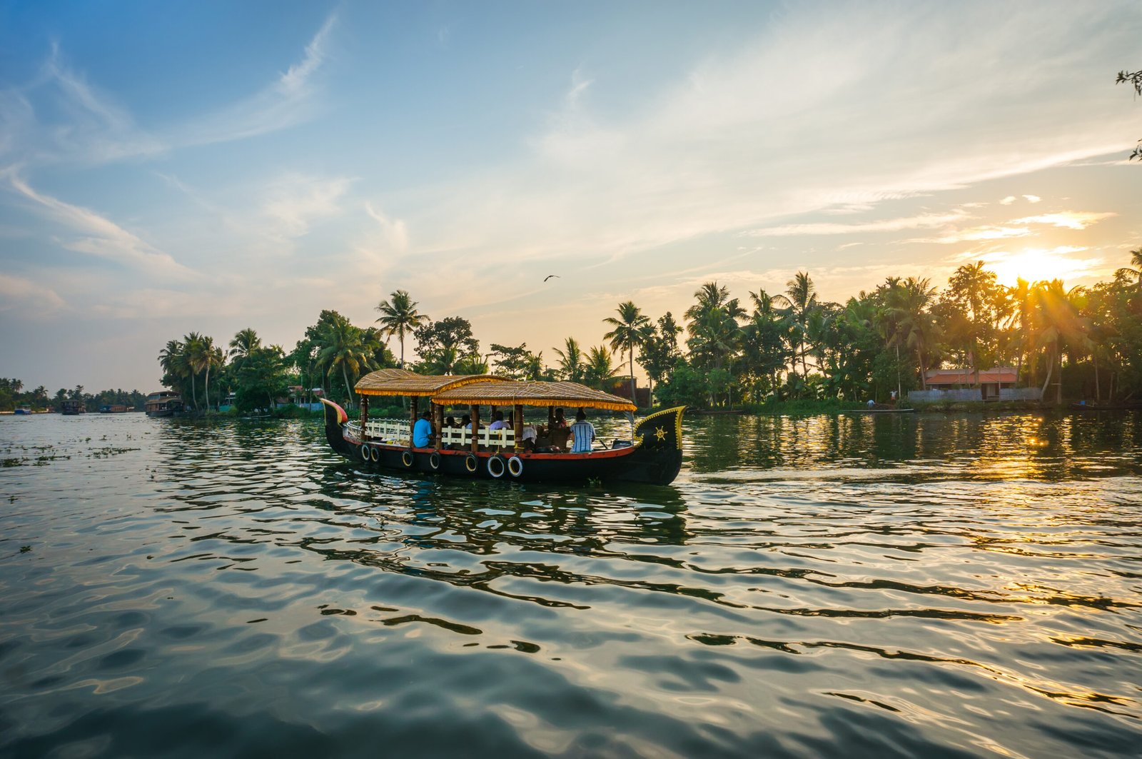 Boat carrying tourists floating down the river on a background of palm trees and beautiful sunset. The sun sets over the horizon and Shine through the palm trees