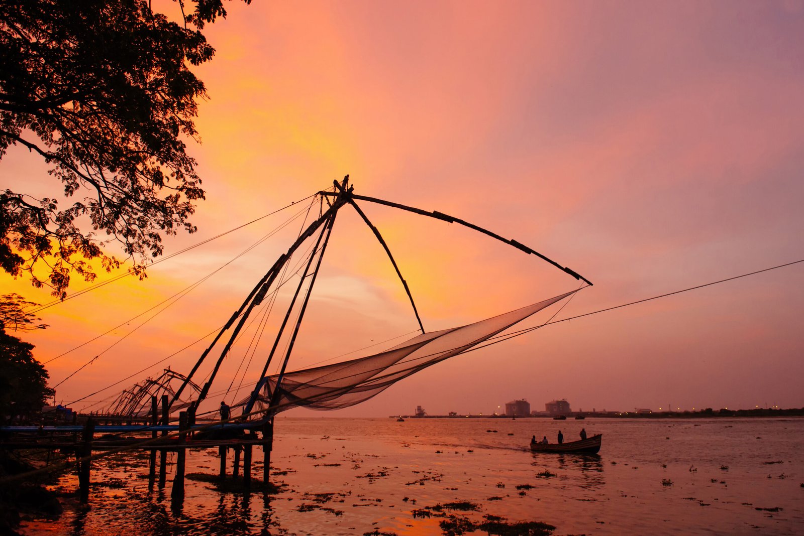 Chinese fishing nets on sunset background  in Cochin (Kochi), Kerala, India