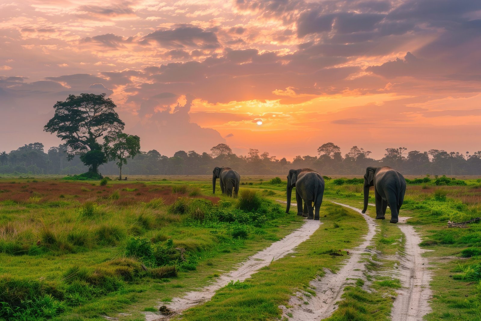 Elephants crossing the safari track in Kaziranga National Park A UNESCO World Heritage site situated in the Indian state of Assam , high detail, 8k --ar 3:2 Job ID: 6dedabde-ffed-4cf0-a8a5-50f35751528e