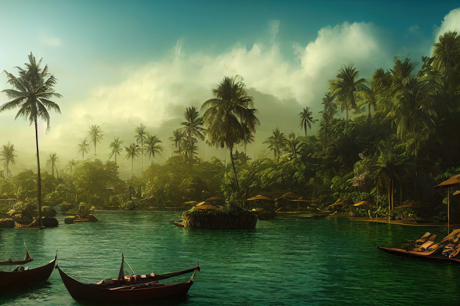 Fantasy concept showing a Famous Bali hotels. digital art painting, horizontal side view