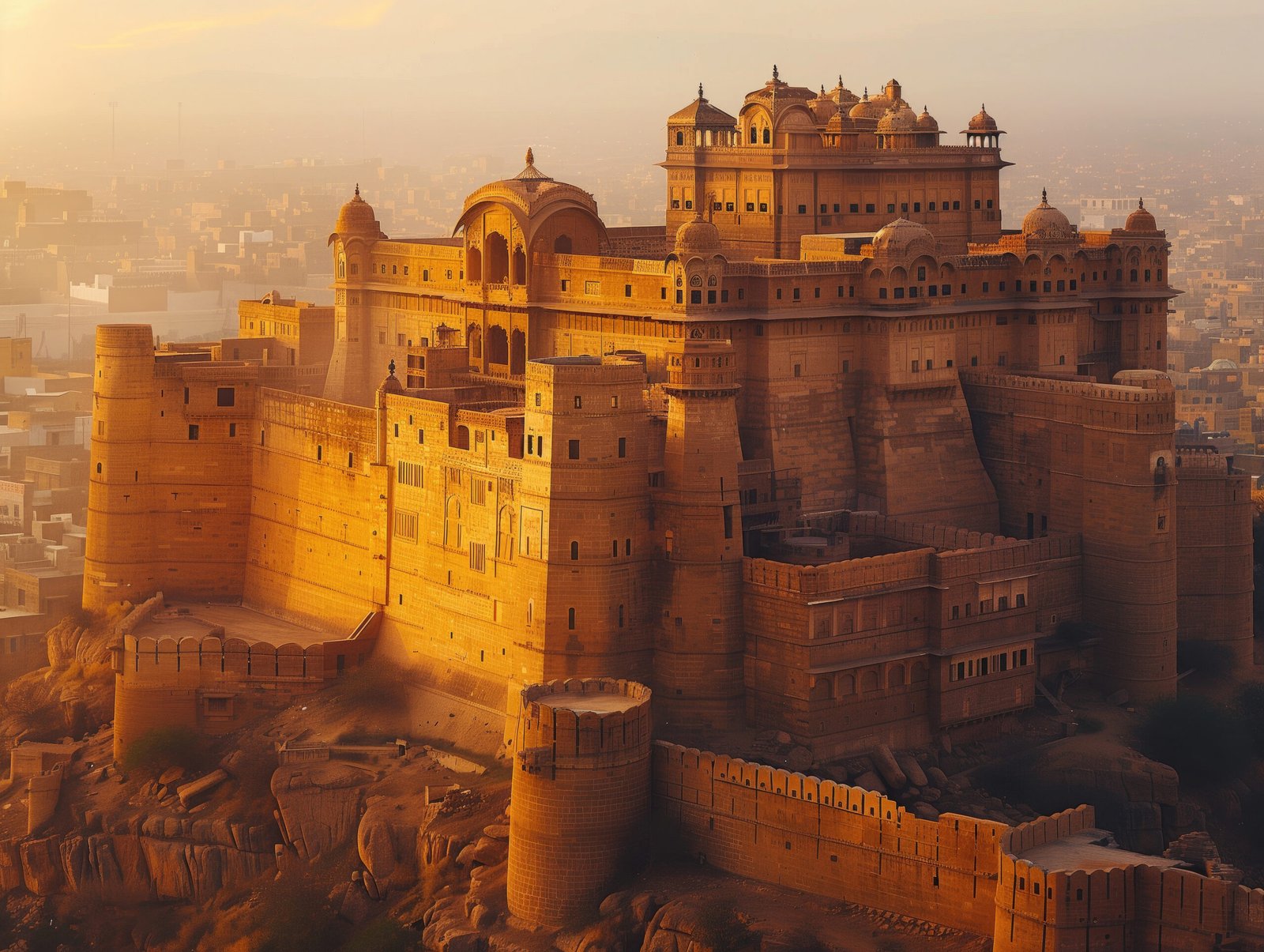 cinematic shot Jaisalmer fort, India, golden sandstone, towering fortifications, desert backdrop. --ar 4:3 --stylize 250 Job ID: 168f5fd4-4d78-41d1-a2af-70315d903383