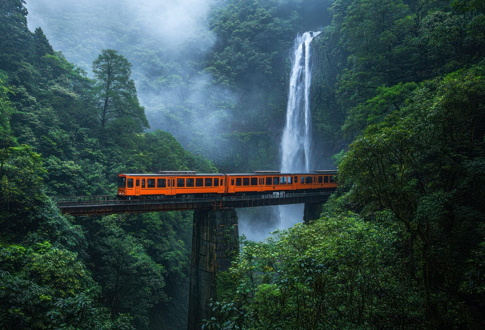 An orange train crosses a bridge high above a misty waterfall in a lush green mountain range.