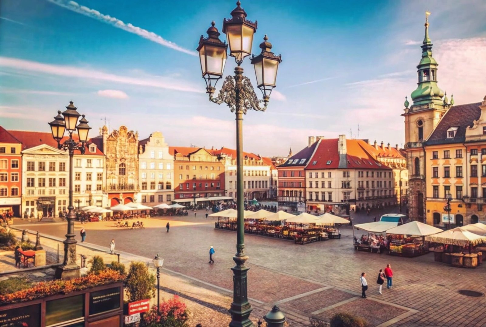 Sunny day in a European city square with historic buildings, street lights and cobblestones.