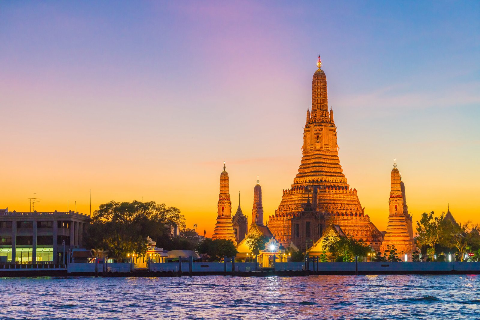 Wat Arun Temple at twilight in Bangkok, Thailand.